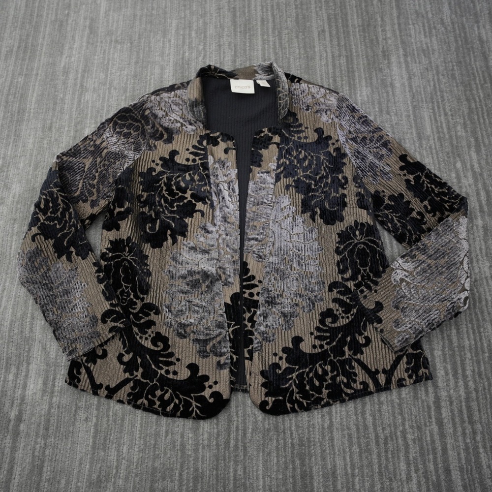 Chico's Open Front Jacket Women Black Beige Floral Print Long Sleeve Size 1 M